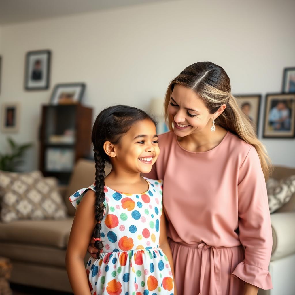 A warm and loving scene of a young girl standing in front of her mother