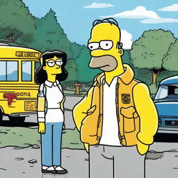 Homer Simpson wearing a Stone Island jacket, engaged in conversation with Marge Simpson outdoors, with the iconic school bus in the background.