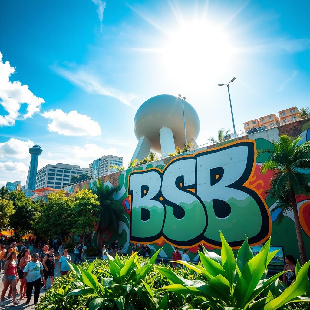 A vibrant and colorful street art scene showcasing a dynamic cityscape with the word 'BSB' prominently featured in graffiti style on a large wall, surrounded by lush greenery and urban architecture