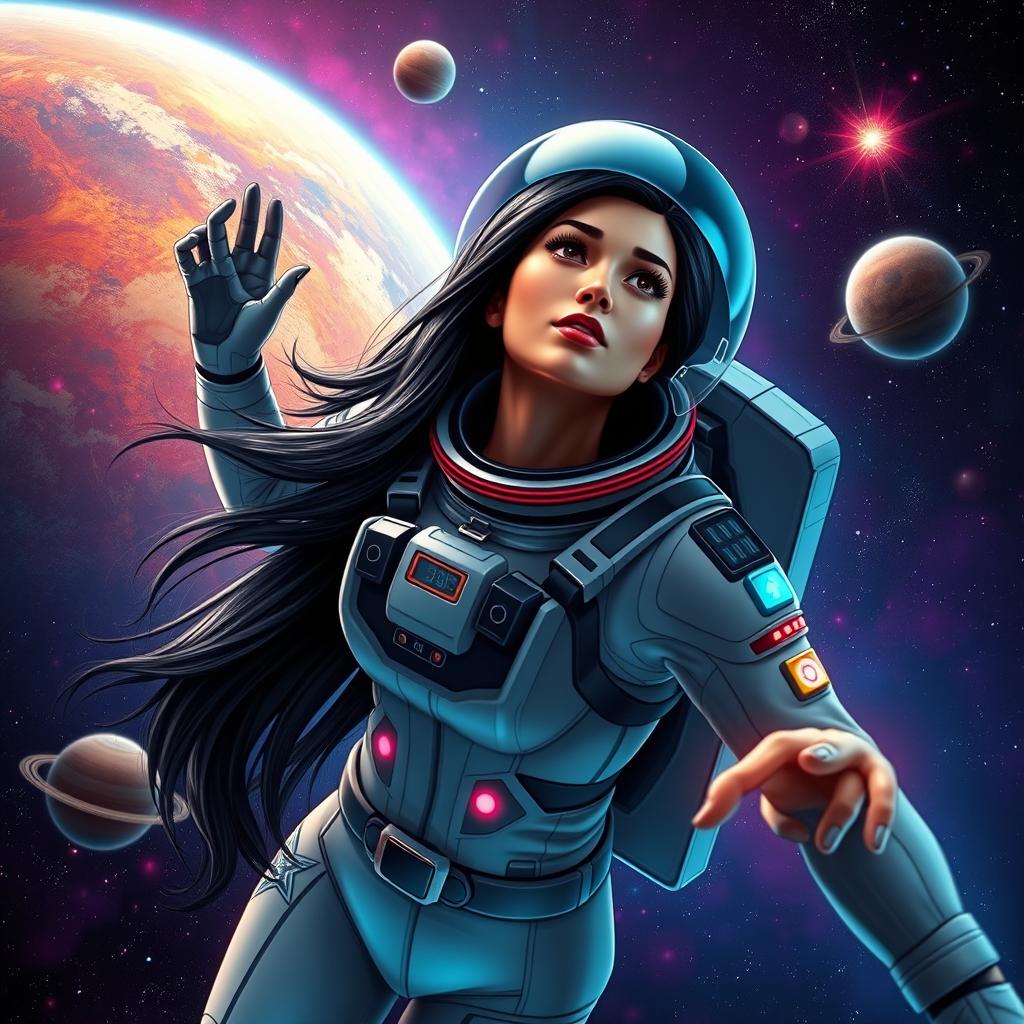A stylish portrayal of a confident adult woman with long, flowing black hair, wearing a sleek, futuristic space suit, floating gracefully in the vastness of outer space