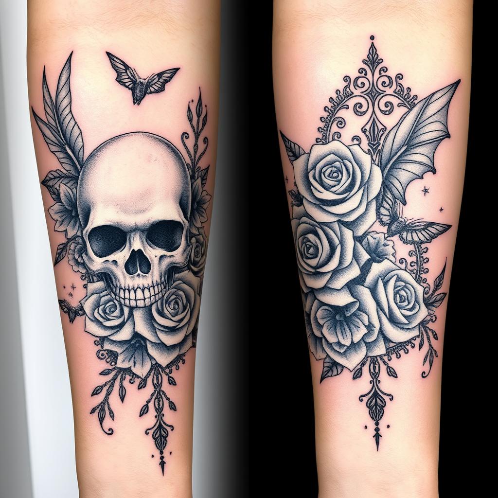 A stunning and intricate Gothic tattoo design featuring detailed elements like skulls, roses, and ornate filigree patterns