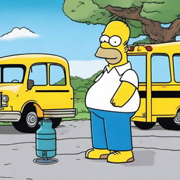 Homer Simpson wearing a Stone Island jacket, engaged in conversation with Marge Simpson outdoors, with the iconic school bus in the background.