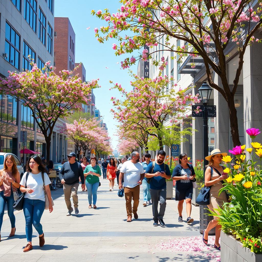 A lively and vibrant city street scene in April 2, 2025, showcasing diverse pedestrians walking amidst modern architecture
