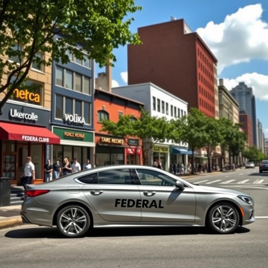 A bustling city street scene with various buildings lining the road; a sleek, modern car parked at the curb, displaying the name 'FEDERAL REVENUE' on its side