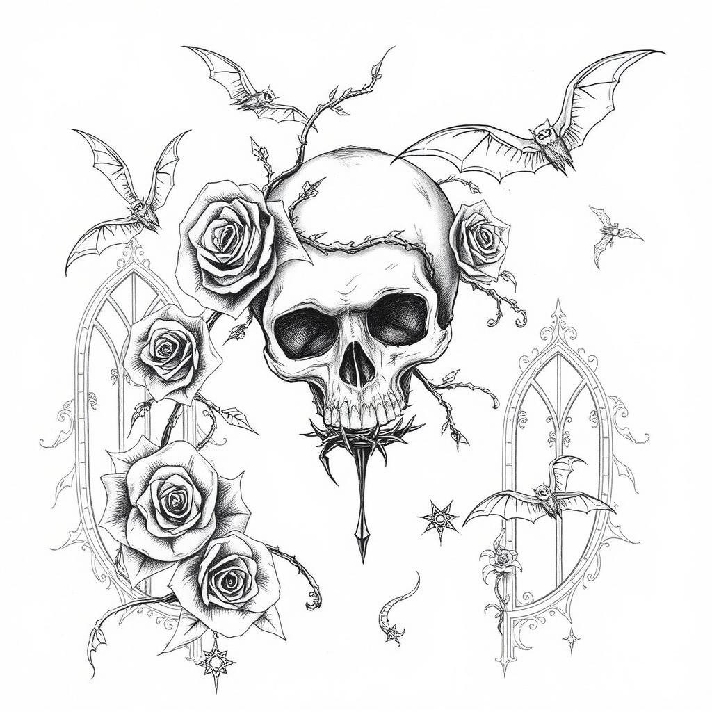 A detailed sketch of a Gothic tattoo design, showcasing intricate elements such as a skull entwined with thorny roses, gothic arches, and eerie bats in flight
