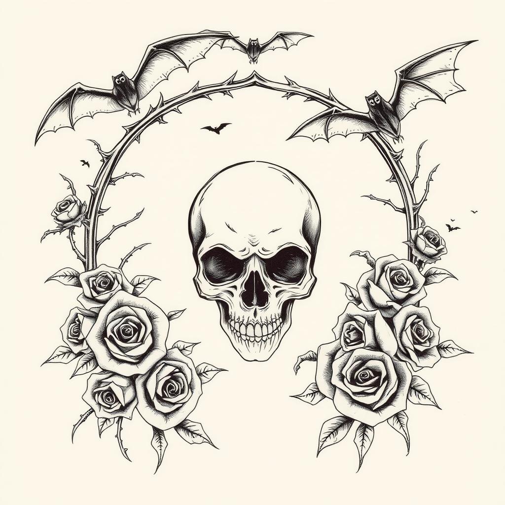 An elaborate sketch of a Gothic tattoo design, incorporating elements like a haunting skull surrounded by twisting thorny roses, a pair of gothic arches framing the scene, and shadowy bats soaring overhead