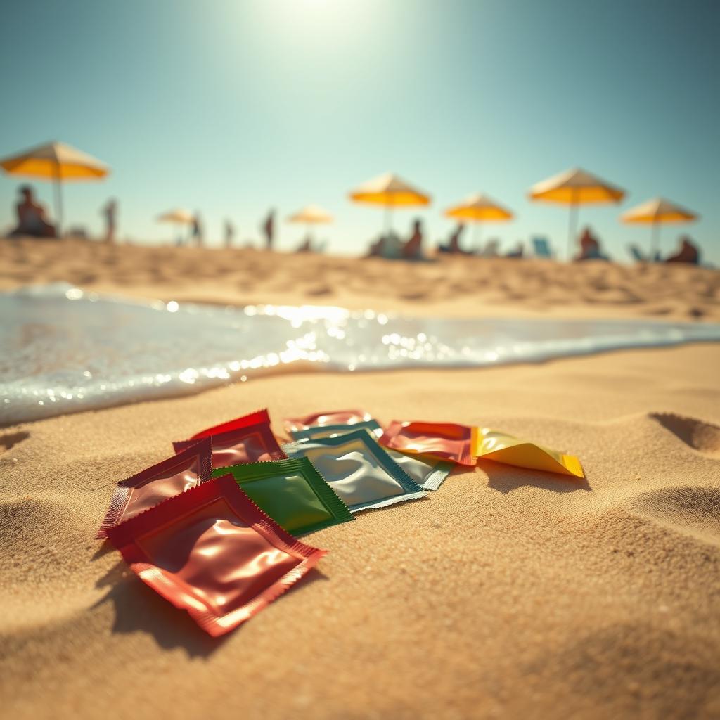 A vibrant seaside scene featuring a beautiful beach setting with soft golden sand and gentle waves lapping at the shore