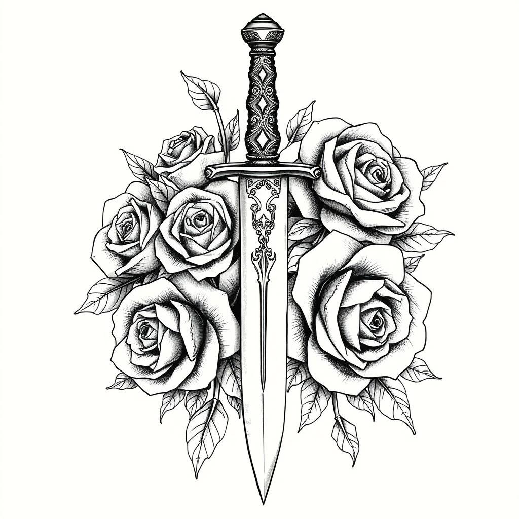 An elaborate sketch of a Gothic tattoo design featuring a detailed dagger intertwined with lush, thorny roses