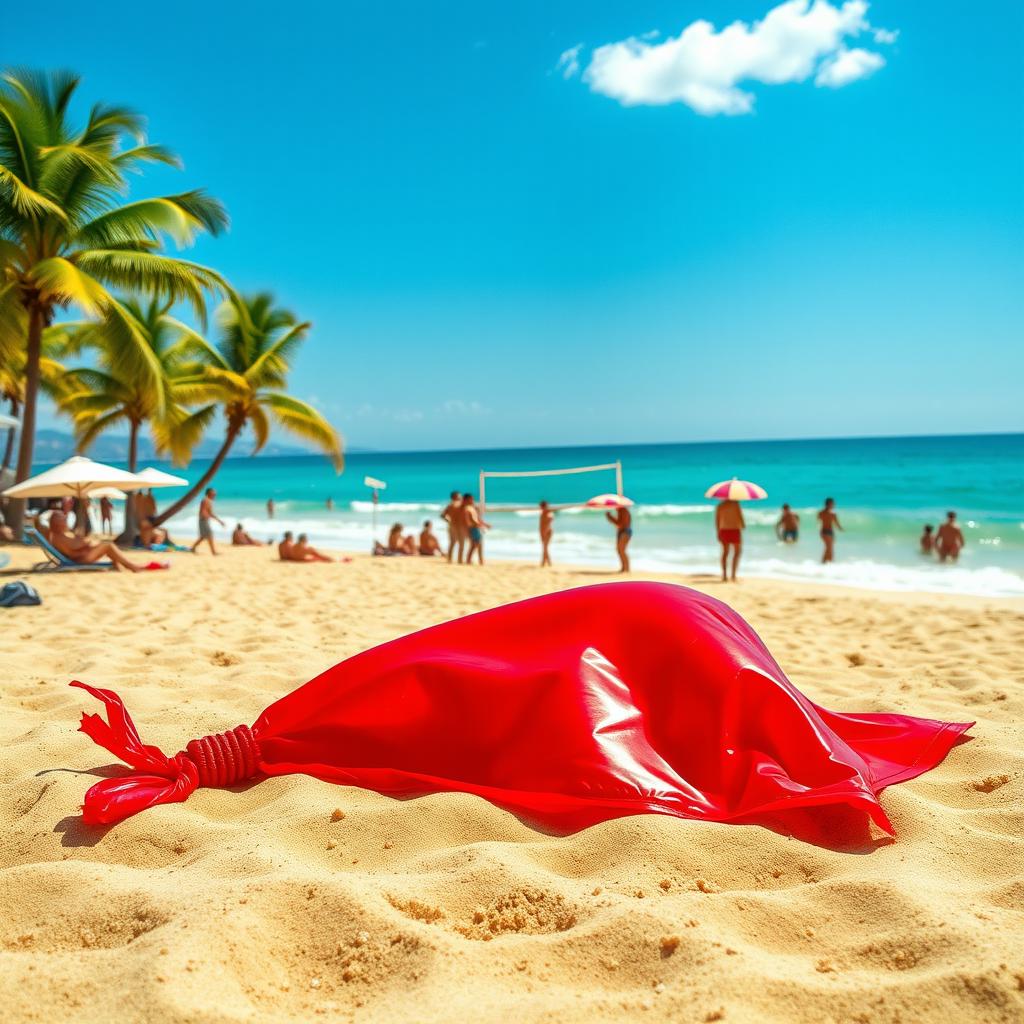 A bright and sunny beach scene featuring a colorful beach setting with golden sand