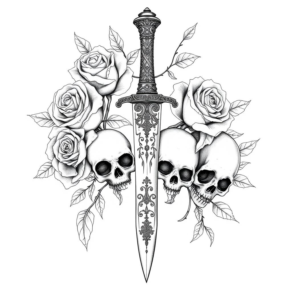 An intricate Gothic tattoo sketch featuring a central dagger adorned with ornate engravings, surrounded by lush, thorny roses in full bloom