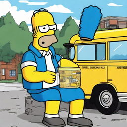 Homer Simpson wearing a Stone Island jacket, engaged in conversation with Marge Simpson outdoors, with the iconic school bus in the background.