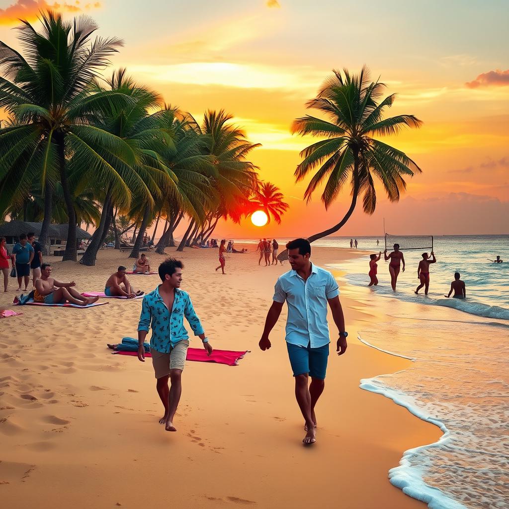 A vibrant beach scene named 'Passion Beach,' featuring a golden sandy shore with gentle waves lapping against it, surrounded by lush palm trees swaying in the breeze