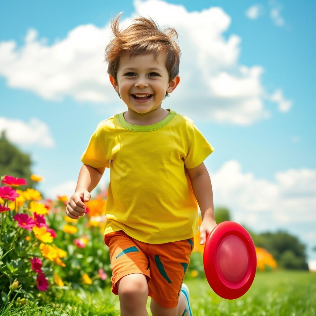 A young boy with a joyful expression, playing in a sunny park, wearing a colorful t-shirt and shorts, surrounded by vibrant flowers and green grass