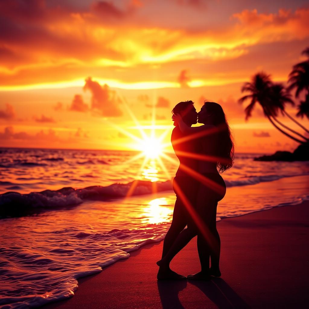 A vibrant beach scene at sunset with two silhouettes of bodies in a passionate embrace, surrounded by a warm, glowing light that resembles a flare