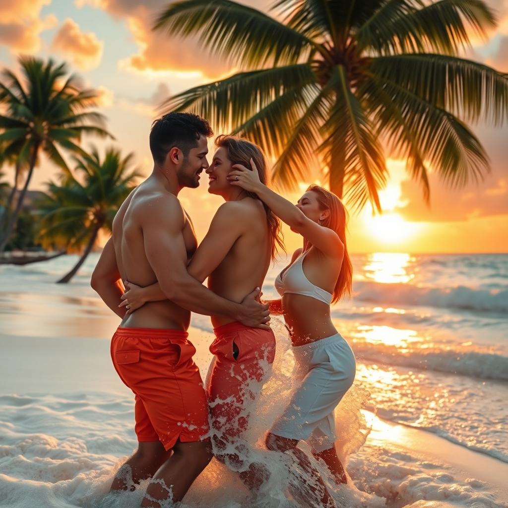 A vibrant beach scene depicting a heated moment between couples, with the sun setting in the background casting golden rays over the sparkling waves