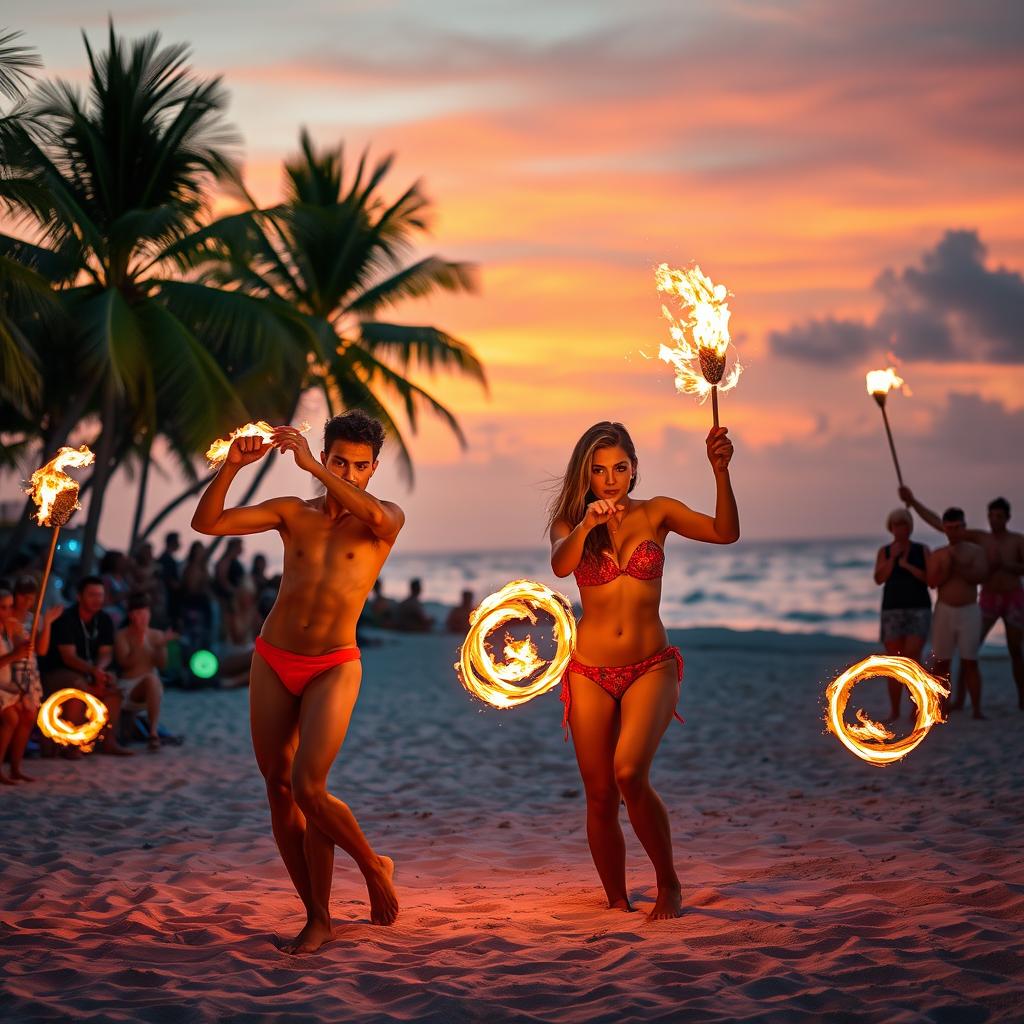A vibrant beach scene featuring energetic fire dancers performing at sunset