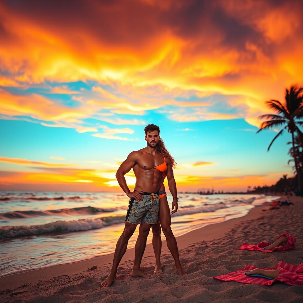 A vibrant sunset at the beach, where the sky is filled with striking flames of orange and red hues, reflecting beautifully on the calm ocean waves