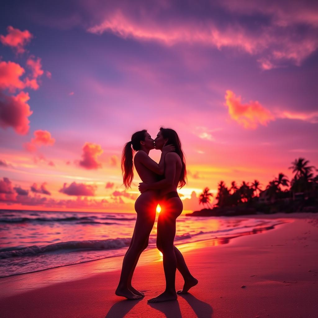 A breathtaking sunset on a tropical beach, with vivid colors of orange, pink and purple reflecting off the water