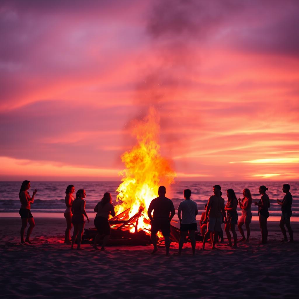 A dramatic scene on a beach during sunset, showcasing a vibrant and fiery bonfire with bright orange and red flames illuminating the surroundings