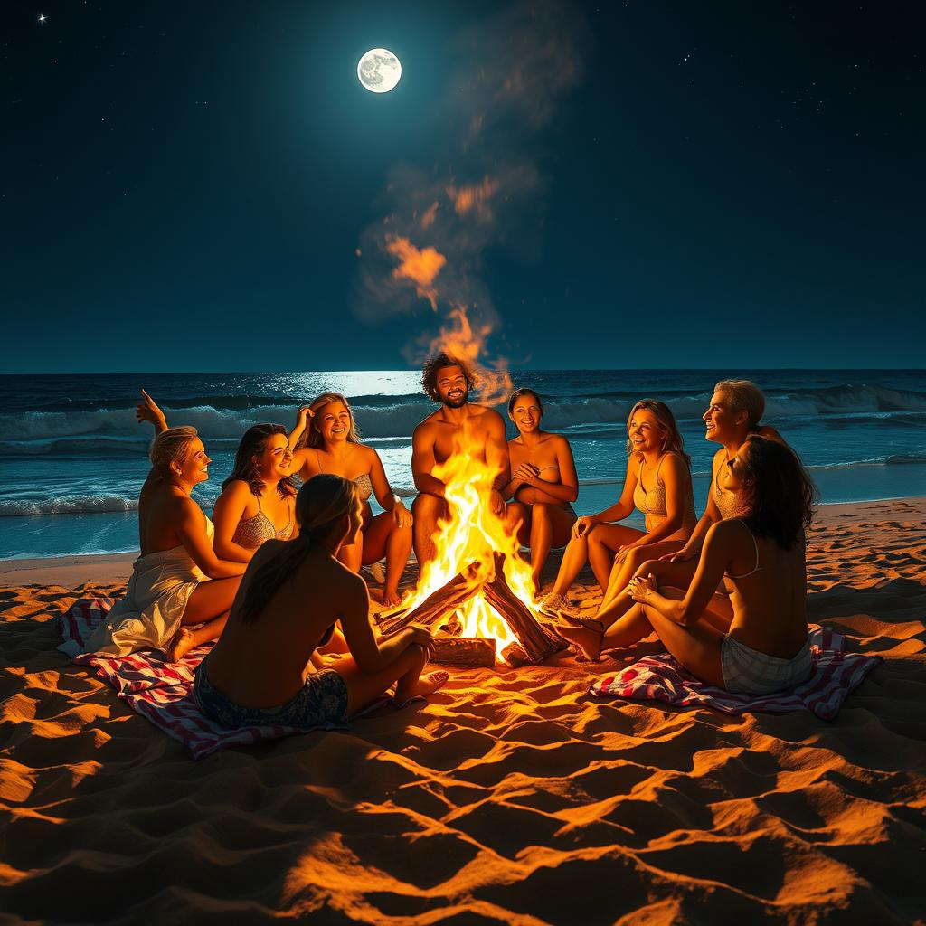 A mesmerizing scene at the beach featuring a bright and captivating bonfire, with the warm orange and yellow flames dancing against the night sky