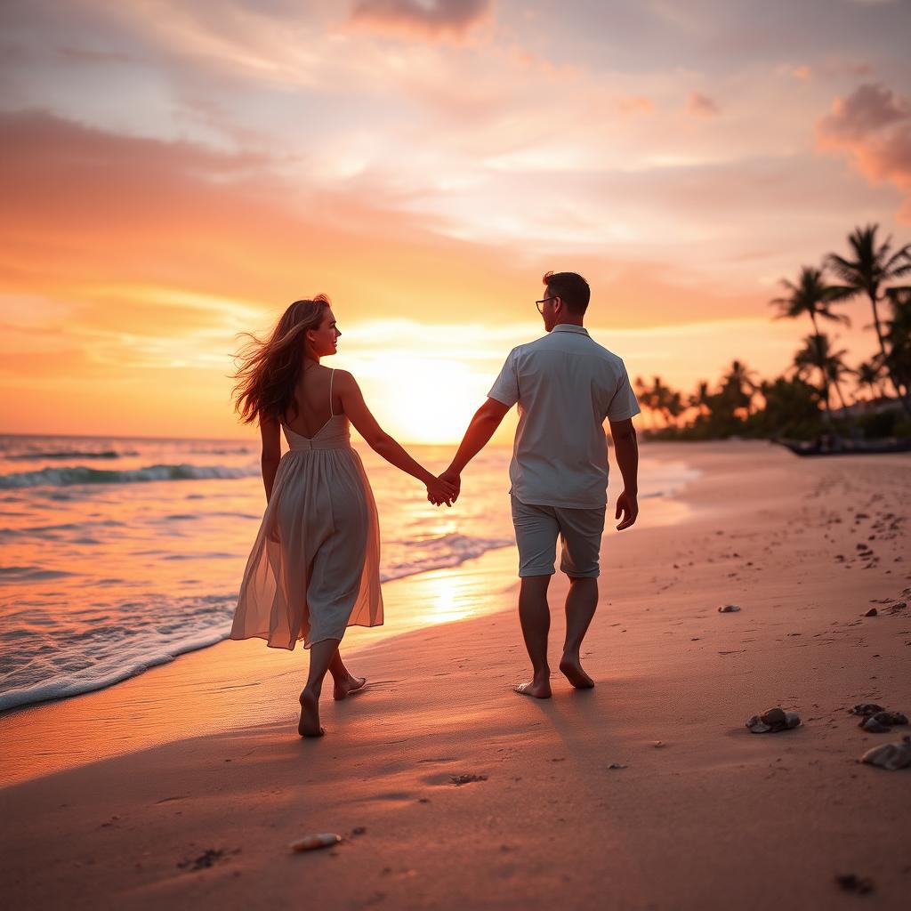 A romantic beach scene at sunset, featuring a couple walking hand in hand along the shoreline