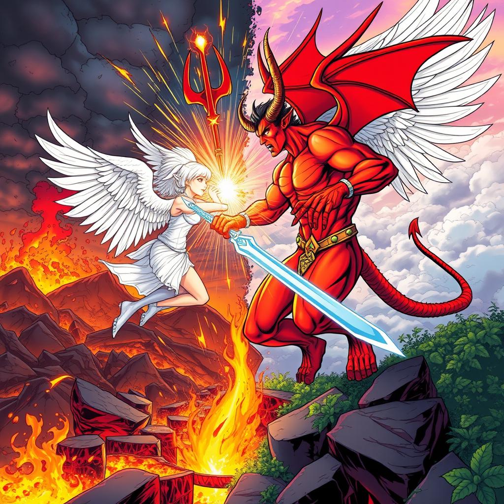 A dynamic confrontation scene between a devil and an angel, set against a dramatic backdrop of a fiery hellscape clashing with a serene, ethereal sky