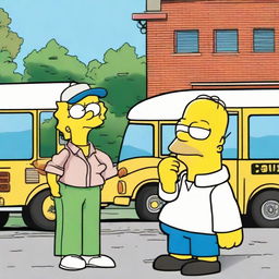 Homer Simpson wearing a Stone Island jacket, engaged in conversation with Marge Simpson outdoors, with the iconic school bus in the background.