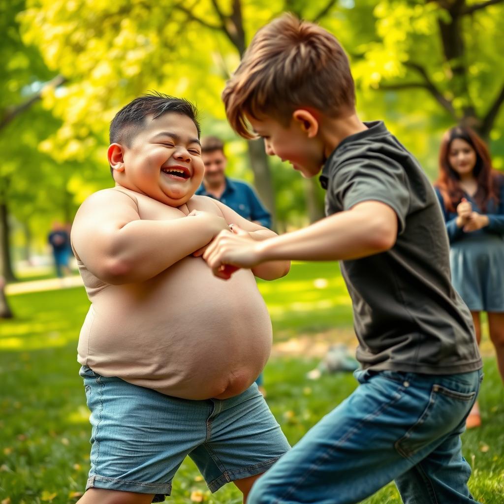 A dramatic scene of a spirited confrontation between a chubby boy and a lean boy, both in a playful fight in a park setting