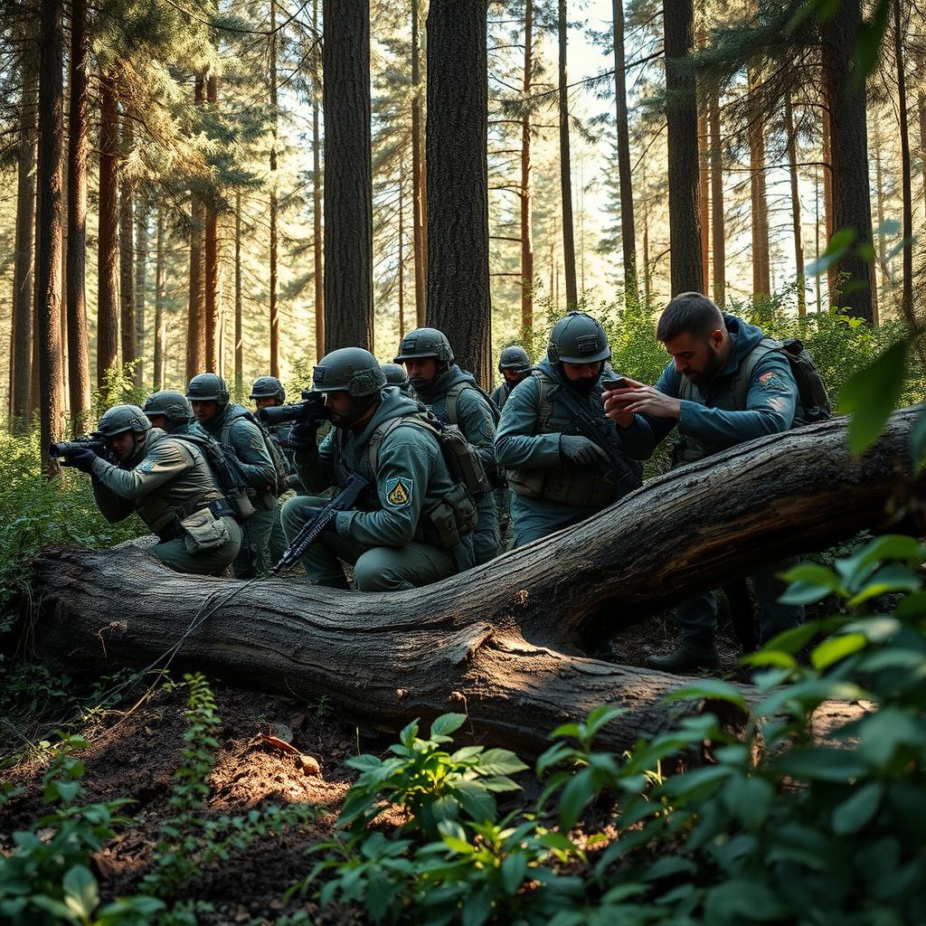 A dynamic military scene featuring a diverse unit of soldiers in tactical gear, engaged in a strategic operation