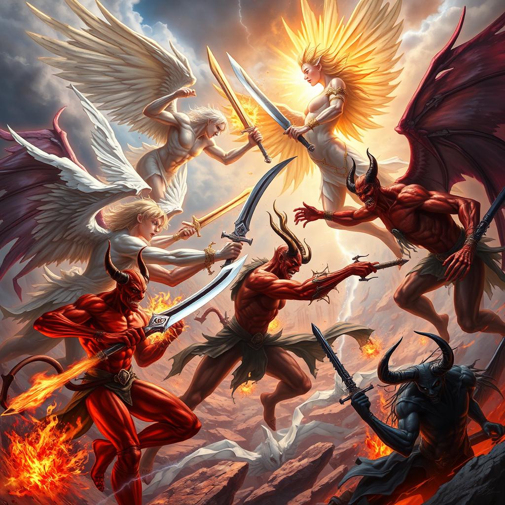 A vibrant and intense fantasy battle scene depicting angels and devils clashing in a dramatic showdown