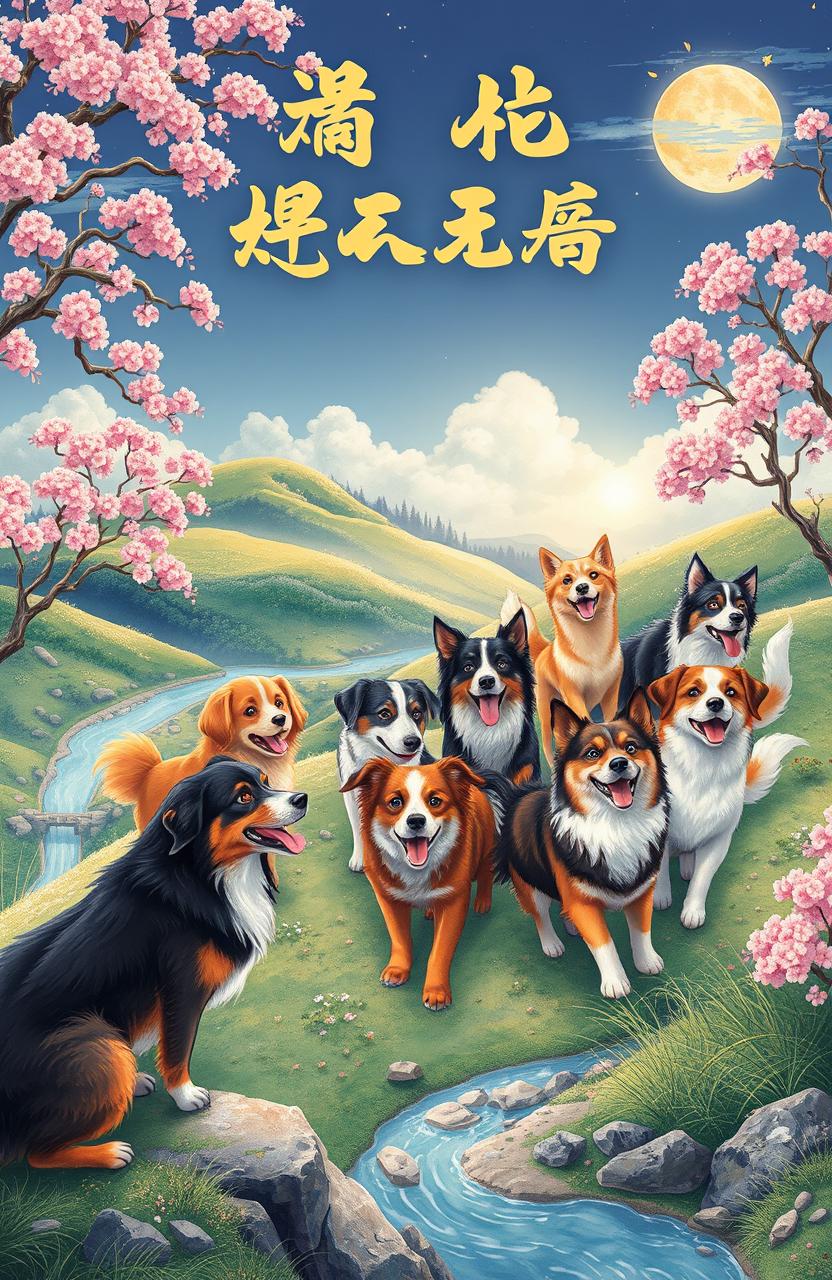 An enchanting illustration inspired by a Chinese book about the adventures of dogs, featuring a diverse cast of dogs from different breeds embarking on an epic journey through beautiful landscapes