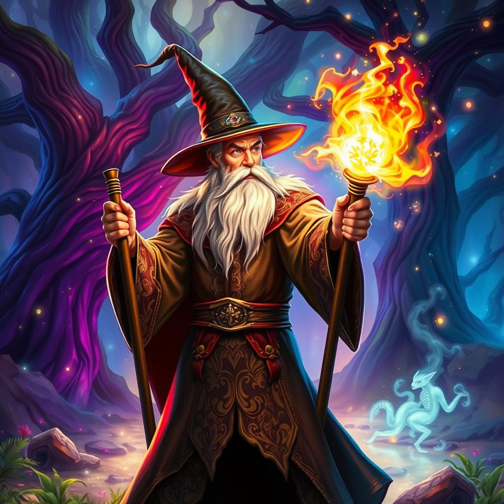 A fantasy scene featuring a wizard casting a powerful spell in a vibrant and mystical setting