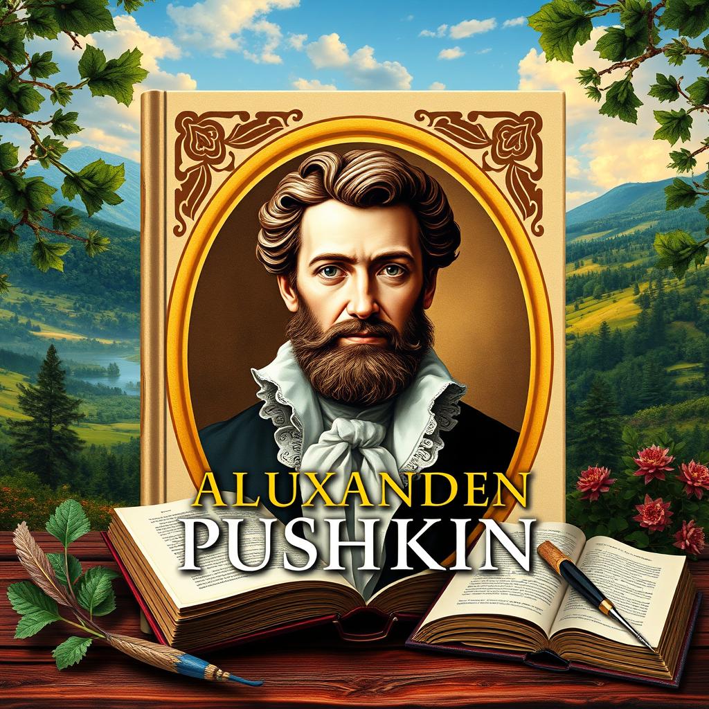 A captivating Ukrainian book cover about Alexander Pushkin's life and works, featuring a portrait of Pushkin amidst a background of lush Ukrainian landscapes