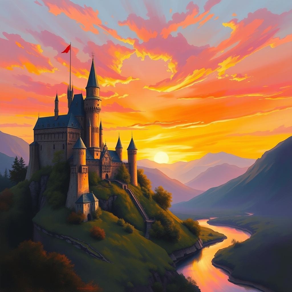 A majestic medieval castle perched on a hilltop during a vibrant sunset, with warm hues of orange, pink, and purple painting the sky