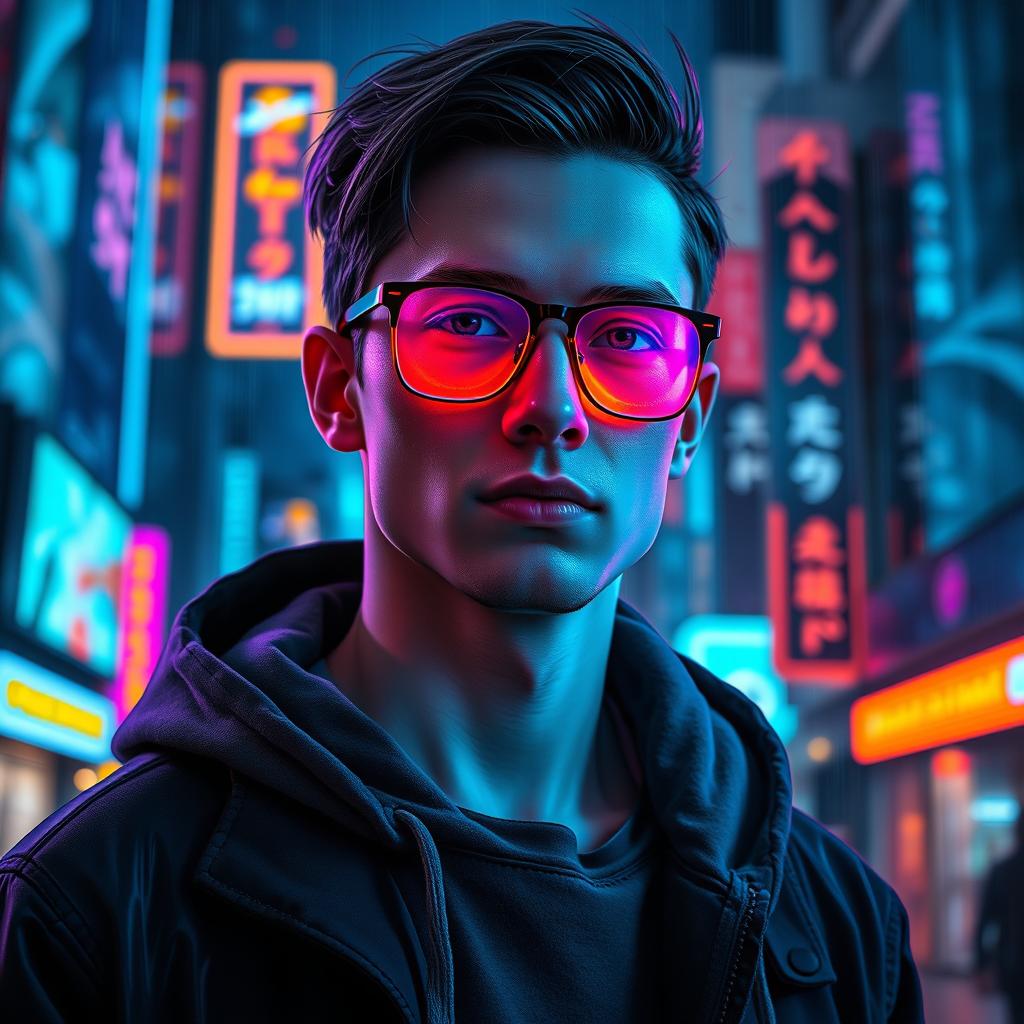 A highly detailed cyberpunk portrait of a young man with glasses and a hoodie, standing in a futuristic neon-lit cityscape