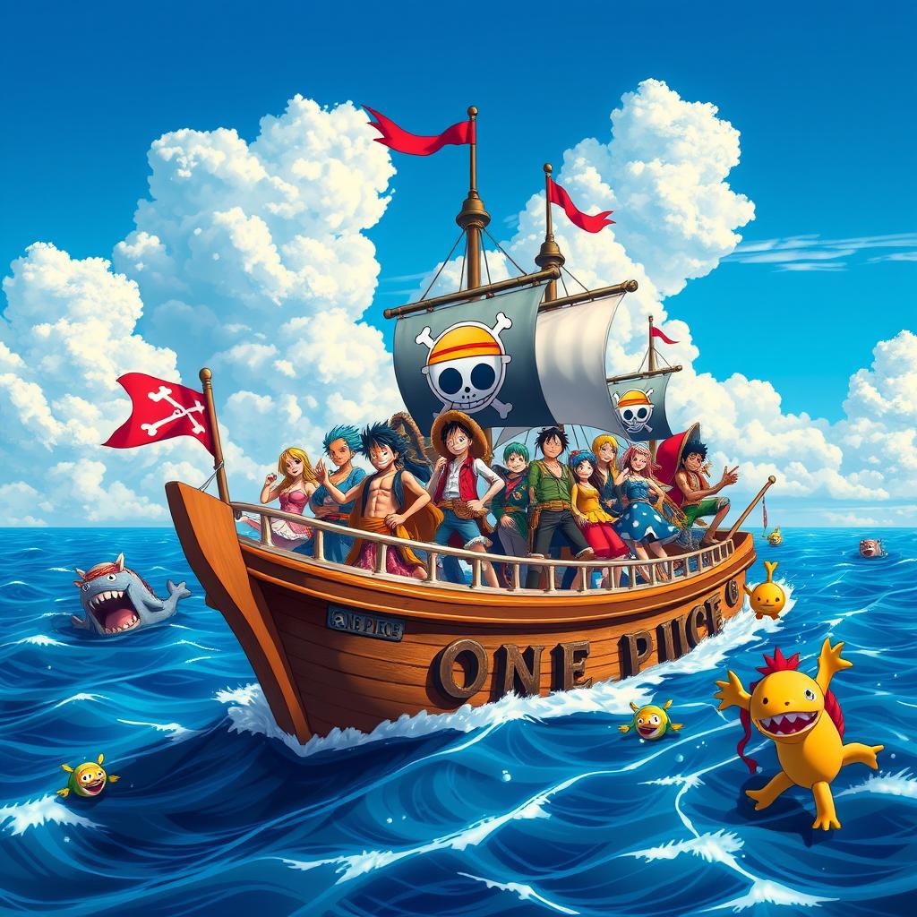 A vibrant and action-packed scene inspired by the One Piece anime, featuring a diverse crew of pirates aboard a grand ship sailing across a vast ocean under a bright blue sky, with dramatic clouds in the distance