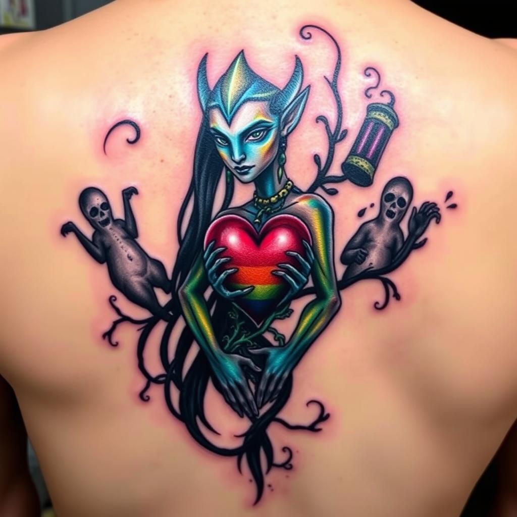 A striking tattoo design that uniquely blends motifs from the LGBTIQ community, the 'Avatar' series, and elements of horror