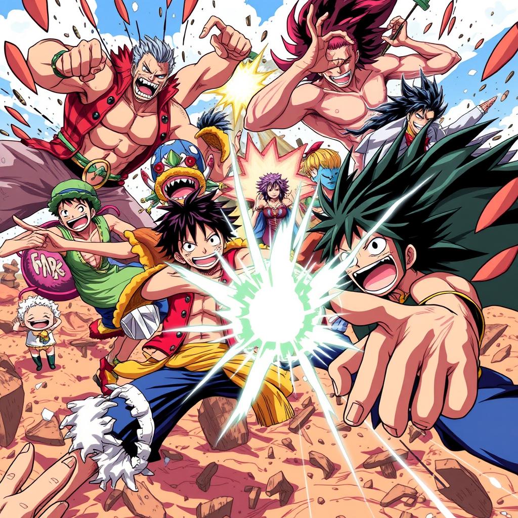 An intense and dynamic battle scene featuring a group of developed characters from the One Piece anime, showcasing their unique abilities and fighting styles