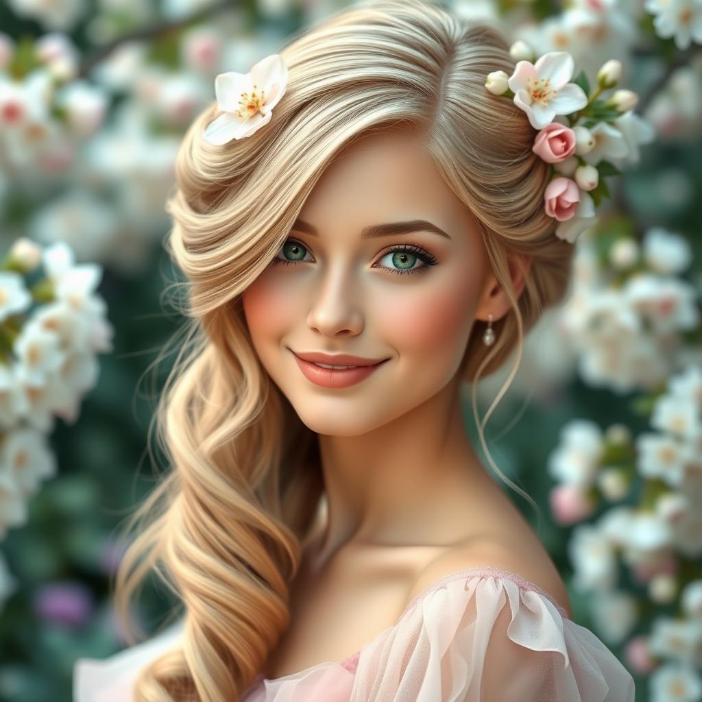 A stunning portrait of a young woman with an elegant hairstyle, featuring smooth waves of cascading hair adorned with delicate floral accessories