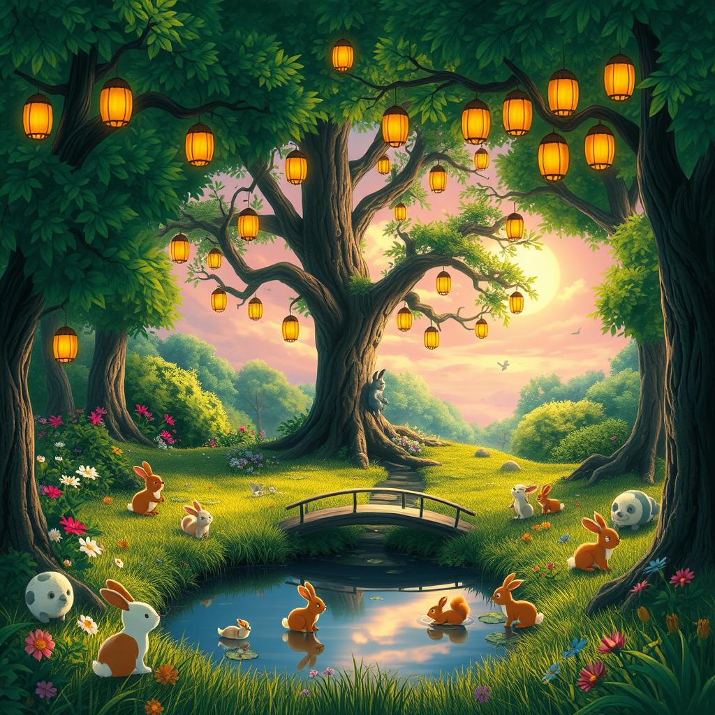 A whimsical and enchanting forest scene inspired by Studio Ghibli, featuring lush green trees, colorful flowers, and soft, glowing lanterns hanging from branches