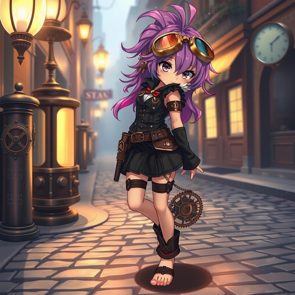 A captivating anime-style steampunk girl, showcasing intricate gear and clockwork designs on her outfit