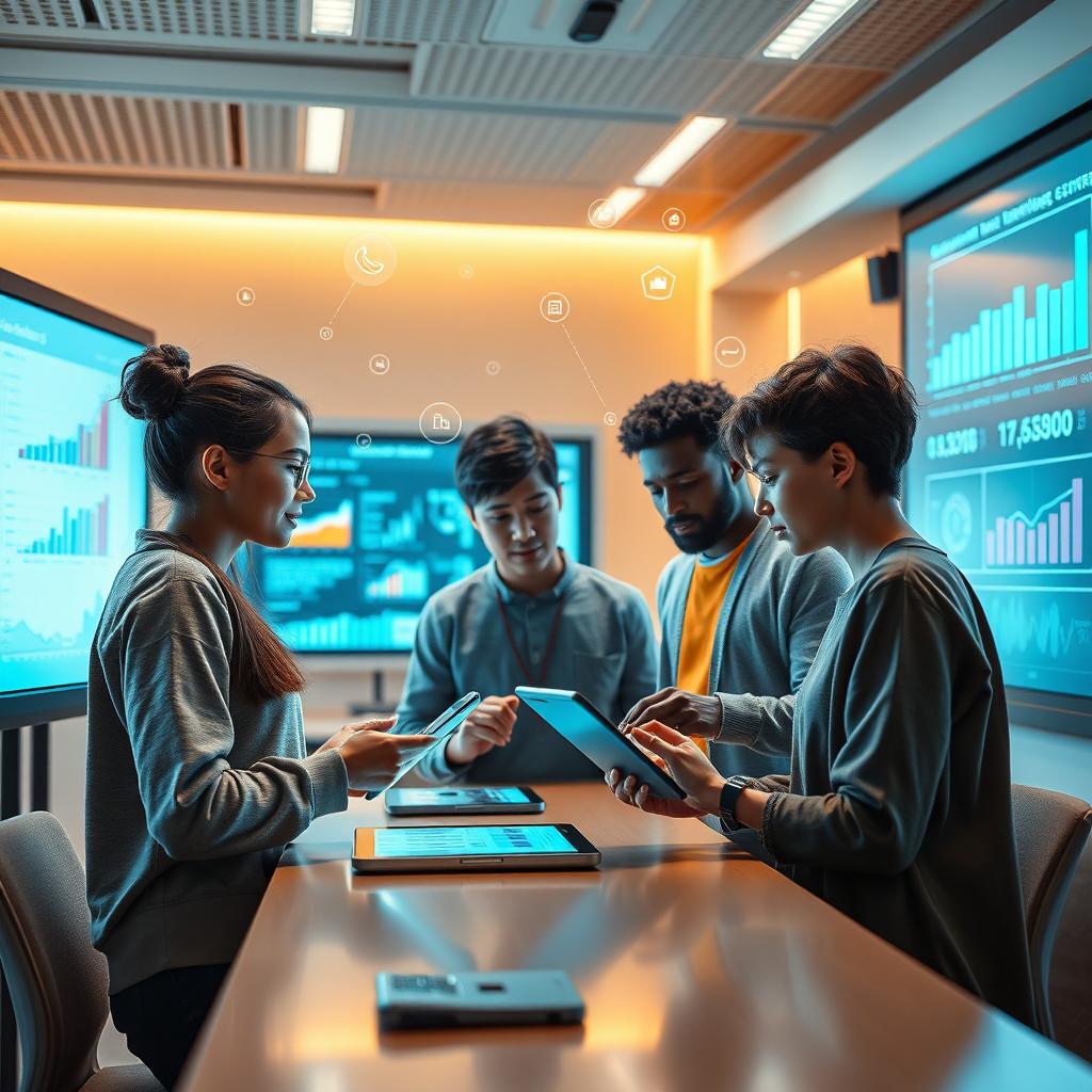 A futuristic depiction of a digital literacy enhancement scene, showcasing a diverse group of students interacting with a high-tech integrated platform and an Educational Resource Management System (ESBN)