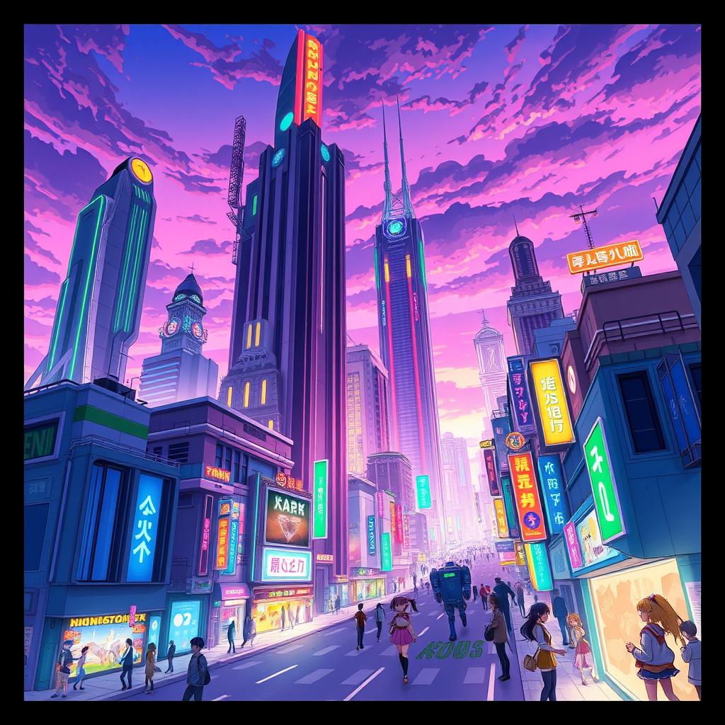 Anime-style illustration of a vibrant cityscape at dusk, featuring tall, futuristic buildings glowing with neon lights, streets bustling with stylized characters in colorful outfits, and a magnificent sky painted in shades of purple and pink