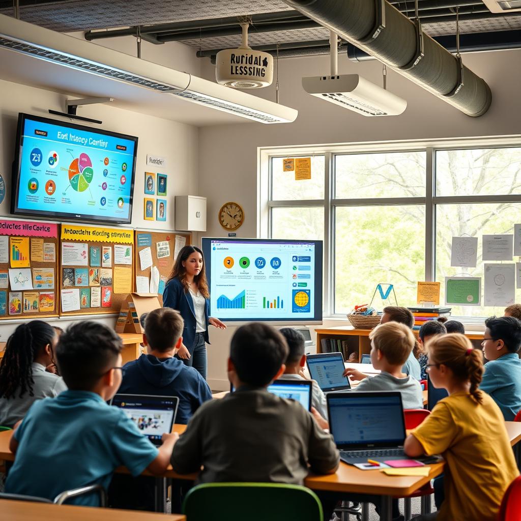 An engaging educational setting showcasing a diverse group of students enhancing their digital literacy skills