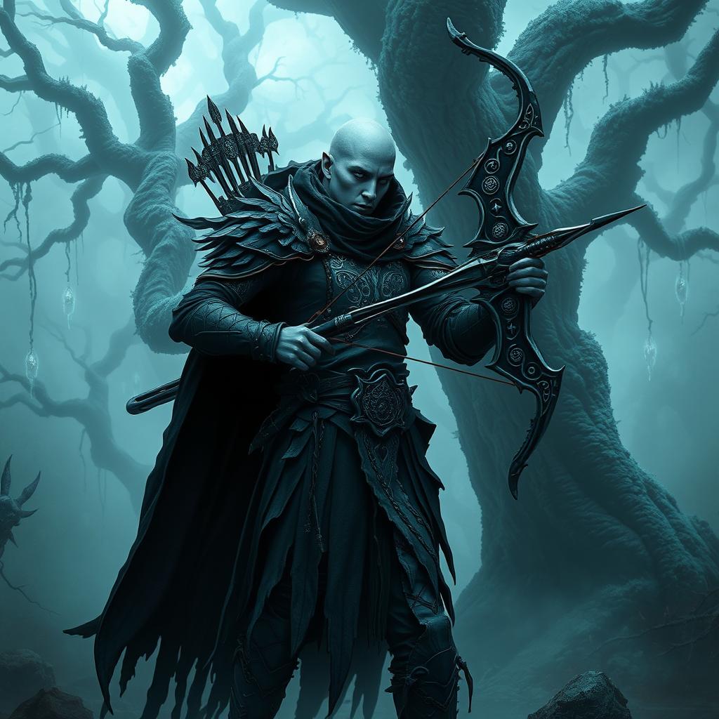 A Shadar-Kai hunter standing in a mystical, foggy forest