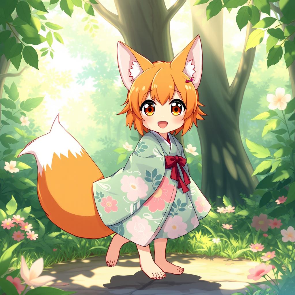 A charming anime fox girl with vibrant orange fur, large expressive eyes, and fluffy ears, playfully standing barefoot in a lush green forest