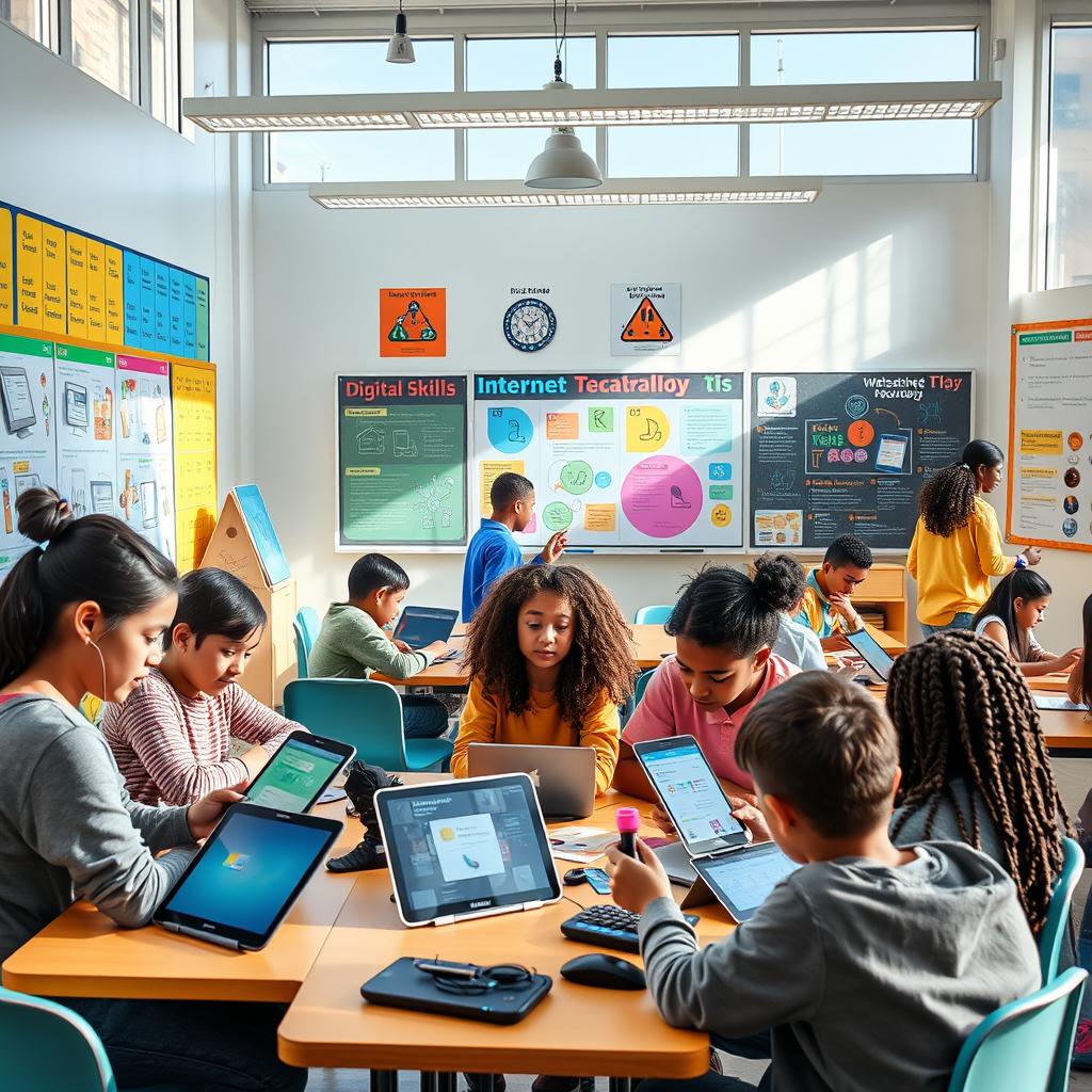 A visually striking digital literacy educational resource, showcasing diverse groups of students engaging with technology in an interactive classroom setting