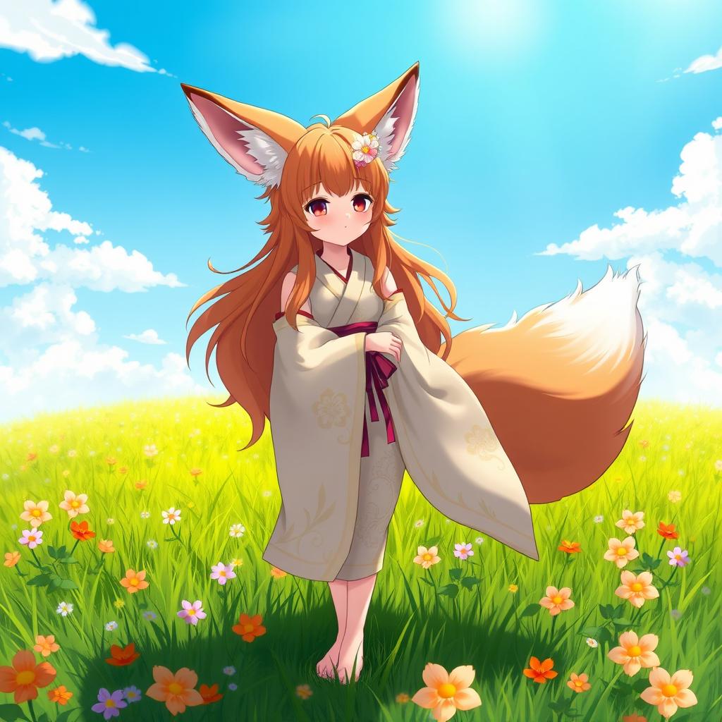 An anime-inspired character portrayal of an 18-year-old fox girl, featuring large, fluffy fox ears and a bushy tail