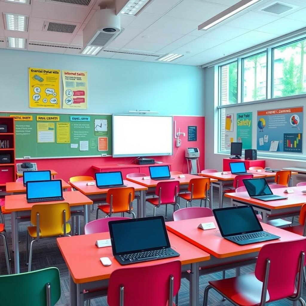 A visually engaging digital literacy educational resource, depicted in a modern classroom setting without any people