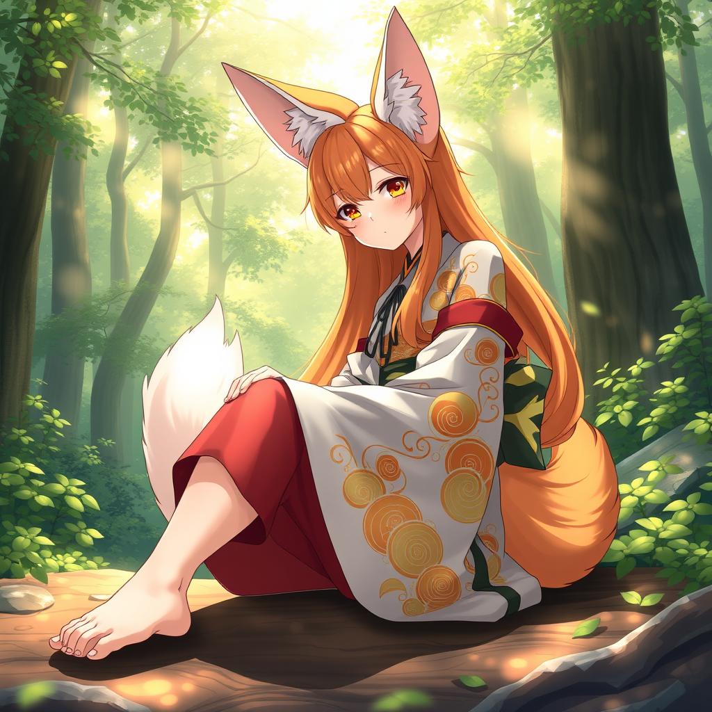 An 18-year-old anime fox girl with vibrant fox-like features, including large, pointed ears and a fluffy tail